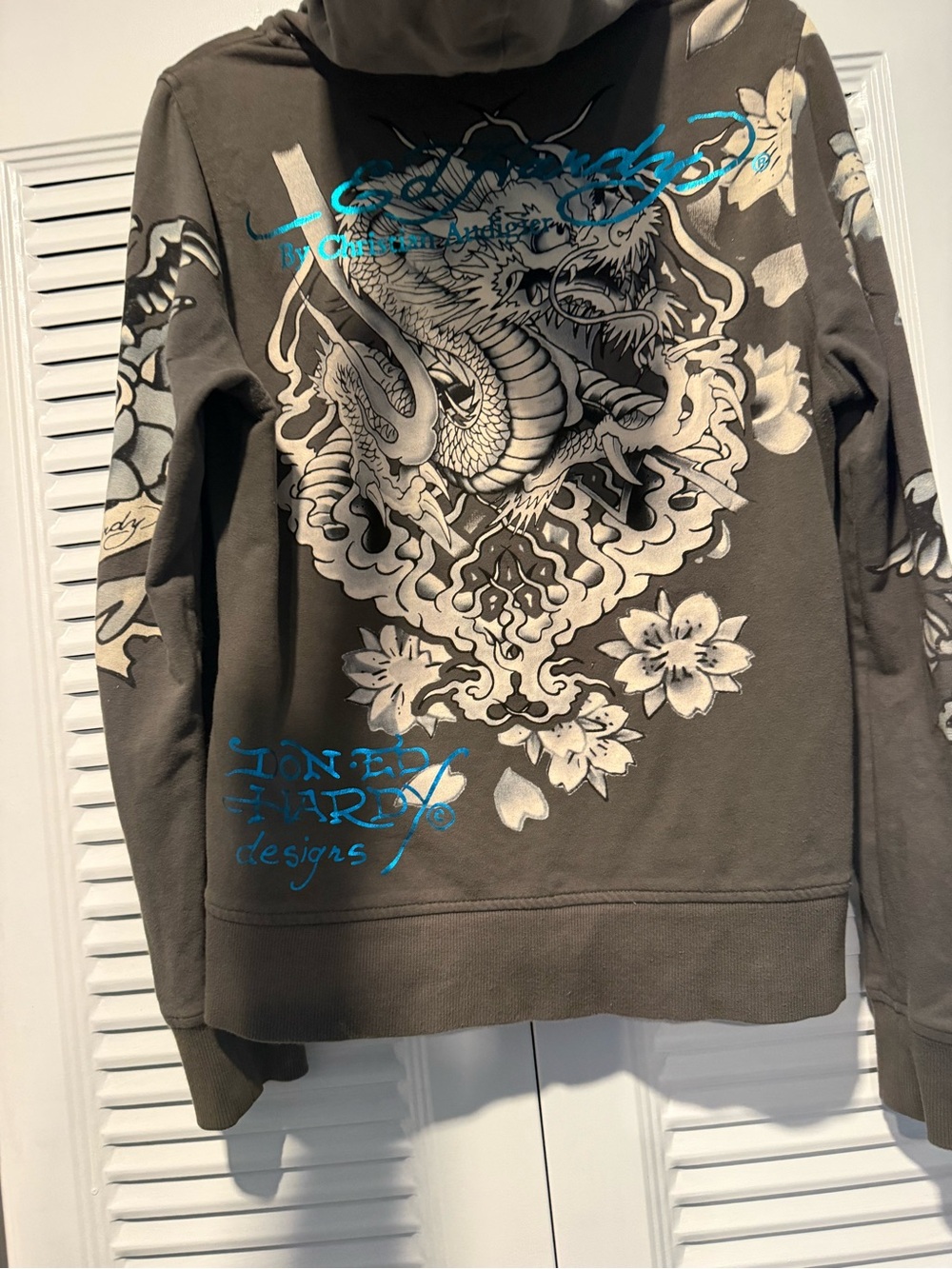 Ed Hardy Vintage Gray Zip Hoodie with Turquoise Floral Print - Picture 6 of 9